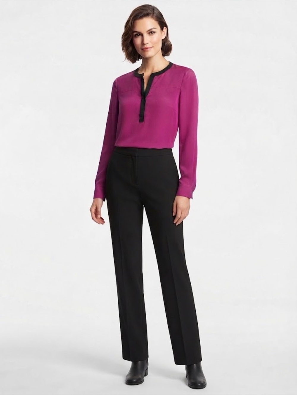 Diane von Furstenberg DVF Magenta Pink 100% Silk Blouse Black Trim Size 2